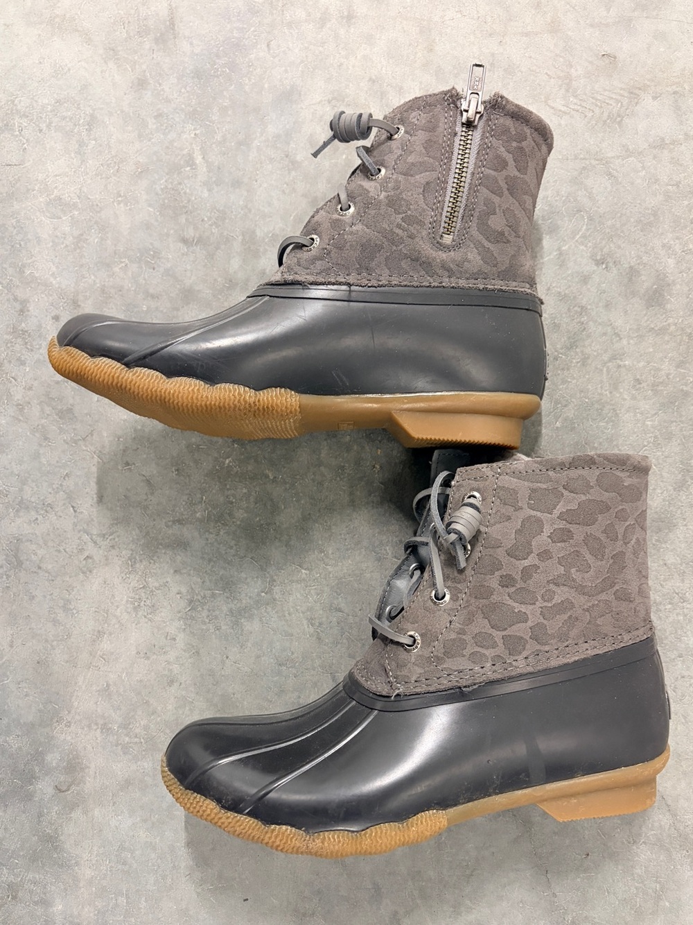 Sperry Gray Leopard-Print Duck Boots with Gum Sole